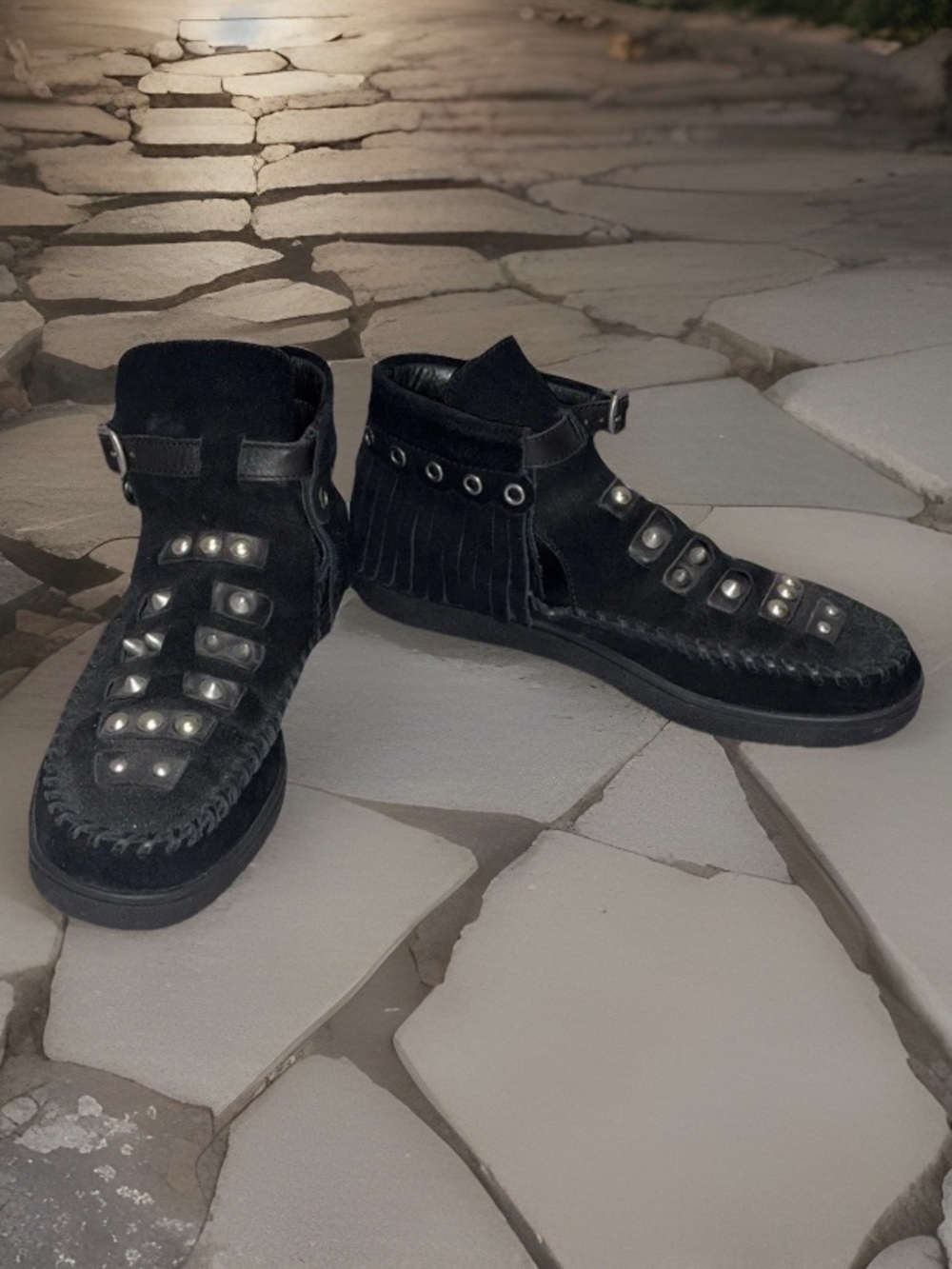 Coach Black Leather Suede Fringe Moccasin Sneaker with Silver Eyelets & Studs
